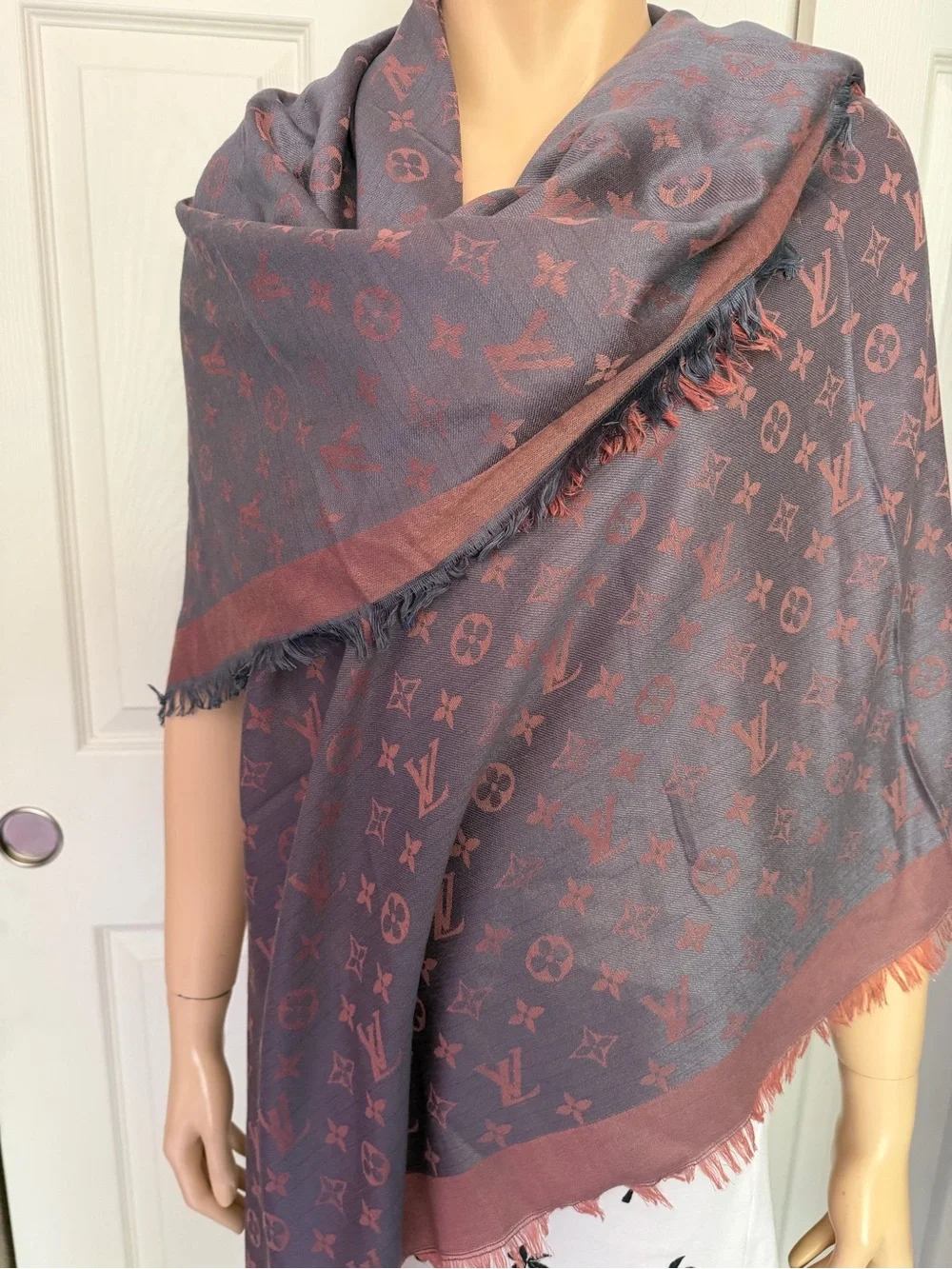 Louis Vuitton Grey Pink Reversible Monogram Large Scarf Shawl
